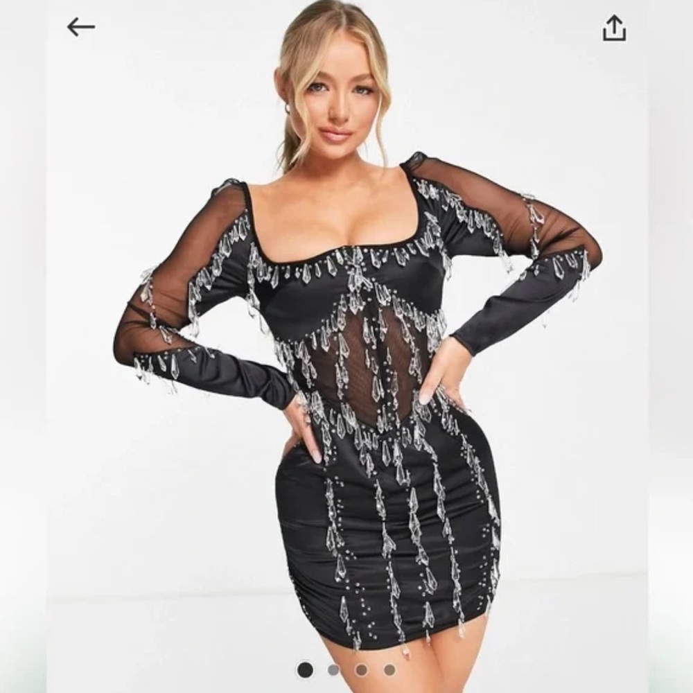 ASOS- long sleeve teardrop embellished dress with mesh panels in black size US 6